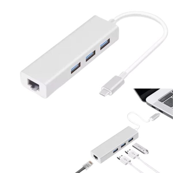 Adaptador HUB Tipo-C 2.0 / 4 En 1 ( RJ45 + 3 USB 2.0 )